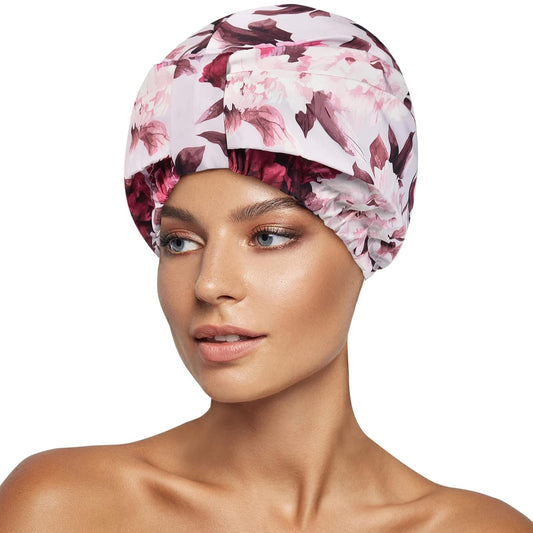 INNELO Luxury Shower Cap for Women Reusable Waterproof, Double Layered Shower Hair Cap with Adjustable Elastic Strap, Large Satin Lined Shower Bath Cap for Long Curly Straight Hair, Pink-Flower