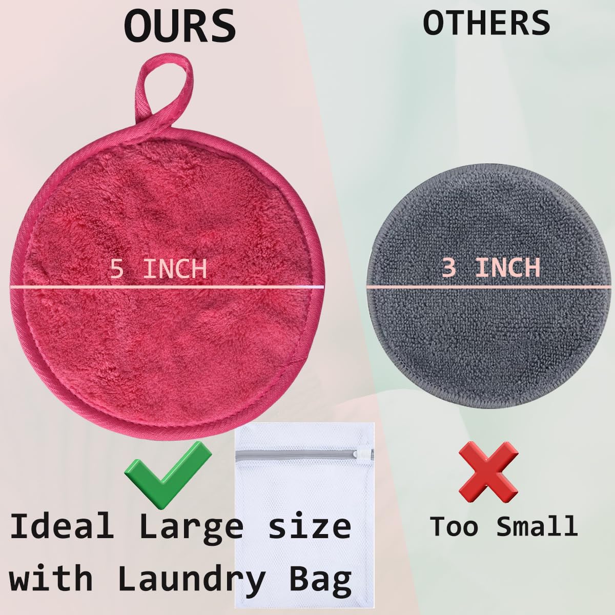 Large Reusable Makeup Remover Pads for Face, Soft Microfiber Makeup Remover Cloths Washable, Premiun 5 INCH Face Cleaning Pad with Laundry Bag, 24 Pack Pink