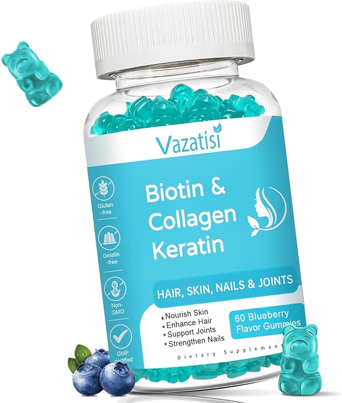 Biotin Gummies with Collagen & Keratin for Hair Skin Nails- Supports Hair Growth and Stronger Nails, Women Men, Kids - 60 Blueberry Flavored Gummies