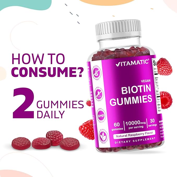 Vitamatic Biotin Gummies 10,000 mcg for Stronger Hair, Skin & Nails - 60 Vegan Gummies - Also Called Vitamin B7 (6 Bottles)