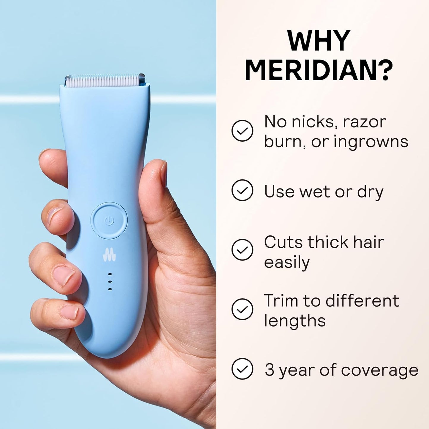 MERIDIAN The Trimmer Original - Body Hair Trimmer for Men, Electric Shaver for Pubic Hair, Chest, Legs & Bikini, Waterproof & Rechargeable, Sky