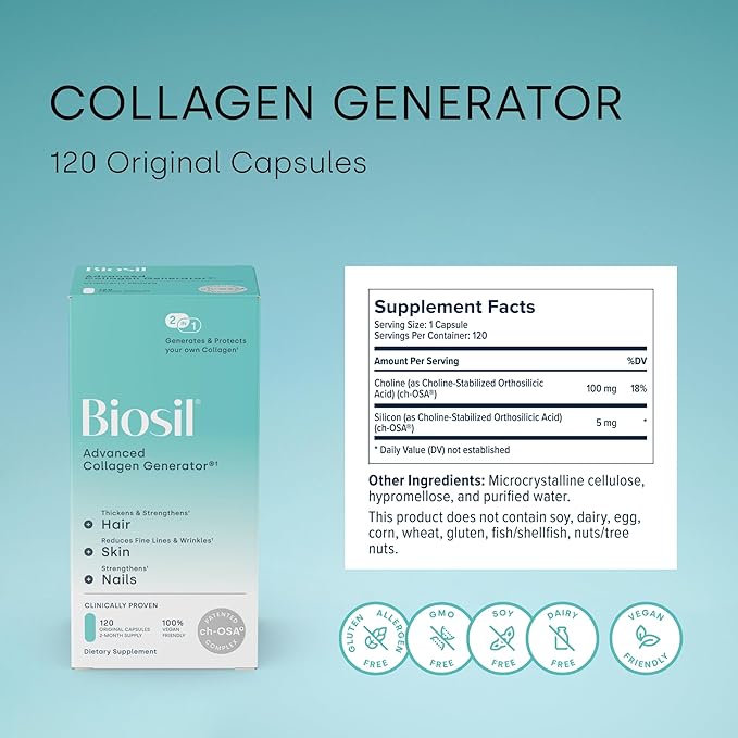 Biosil Collagen Generator - 120 Original Capsules - with Patented ch-OSA Complex - Generates & Protects Your Own Collagen - GMO Free - 60-Day Supply