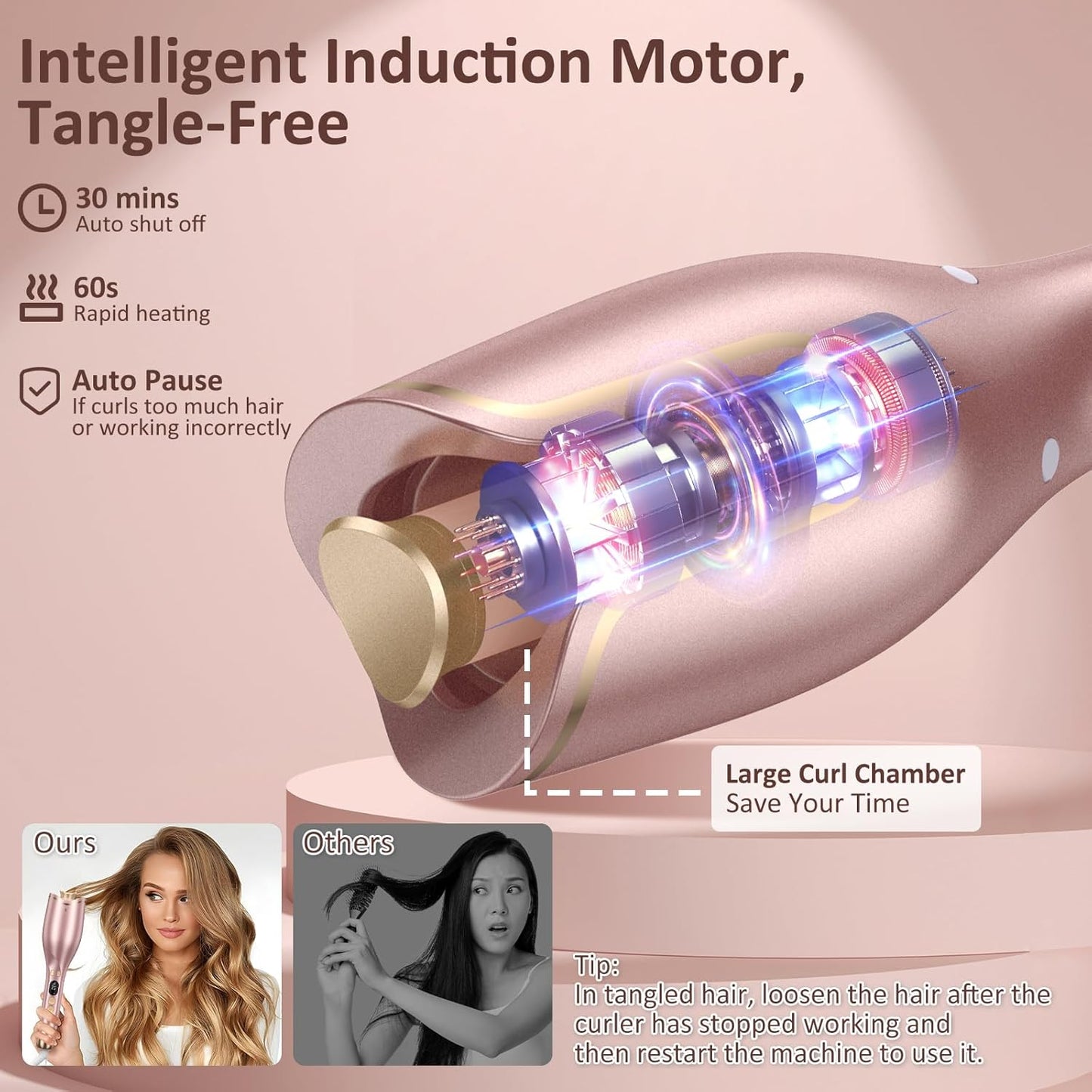 Automatic Curling Iron, Hair Curler 1" Large Slot, 4 Temperature Settings, 12s-19s Timers, Dual Voltage, Anti-Scald, Anti-Tangle, Auto Shut-Off, LCD Display, Fast Heating Easy for Use, Pink