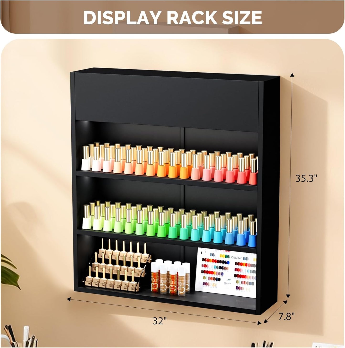 OmySalon Wall Mounted Display Rack, 32-Inch 3-Tier LED Nail Polish Organizer Shelf with USB Touch Control, for Nail Salon, Spa, Beauty Studio Storage, Wooden Retail Display (Black)