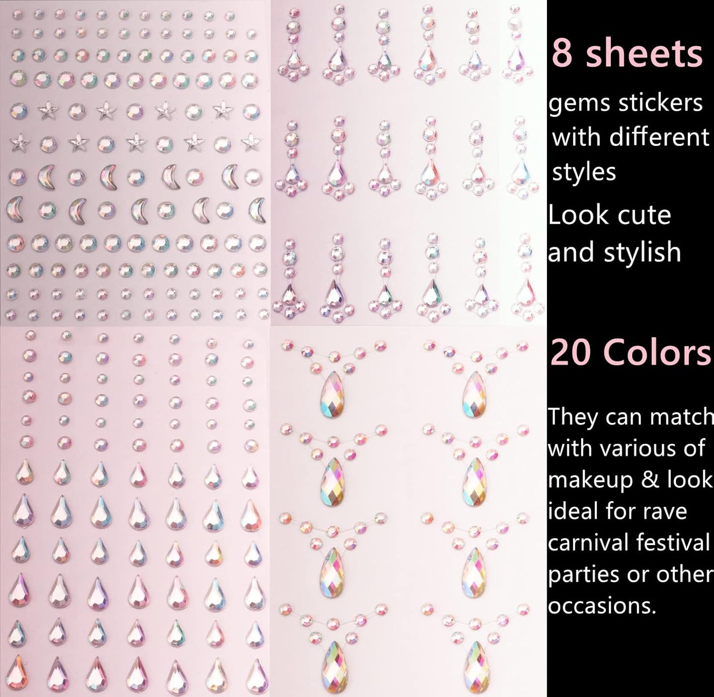 8 Sheets Face Gems Jewels for Makeup 20 Colors Rhinestones Hair Pearls Eye Gems Stick On, Body Jewels Nail Art Festival Party Rave Accessories for Women