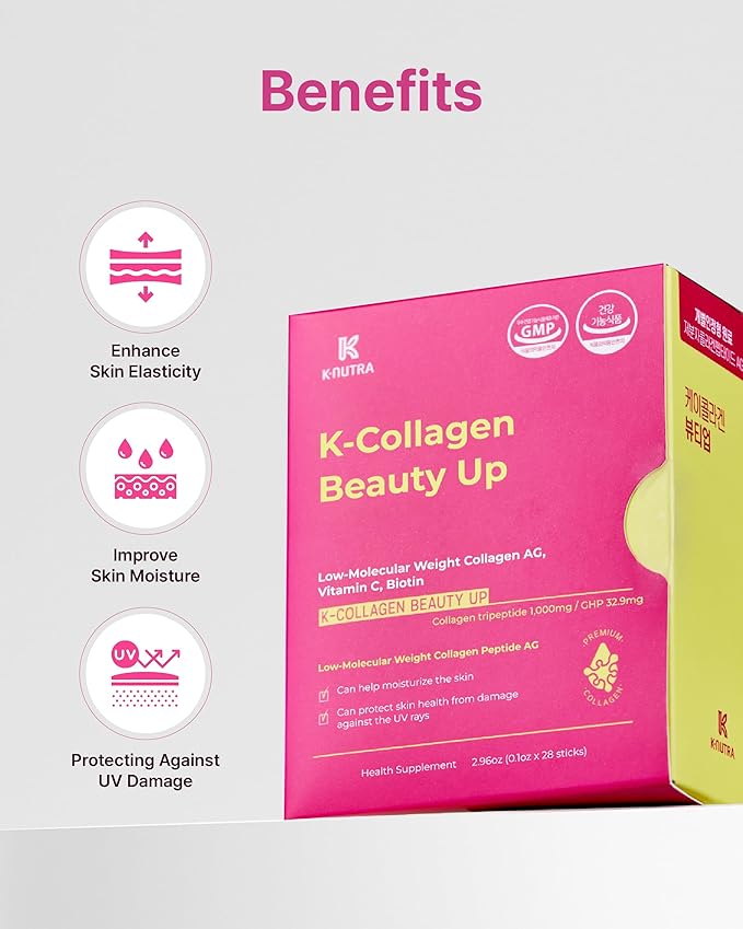 K-Collagen Beauty Up | 2.96 oz (28 Sticks) | Marine Collagen Peptides for Skin Elasticity & Hydration | Melt-in-Mouth Lemon Flavor Powder