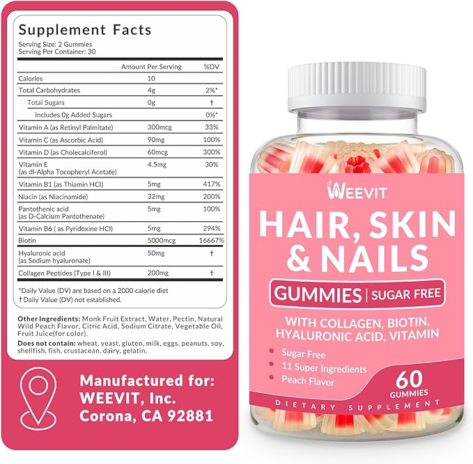 Hair Skin and Nails Gummies - Vegan Biotin 5000mcg Vitamins for Women & Men Supports Faster Hair Growth, Stronger Nails, Glowing Skin