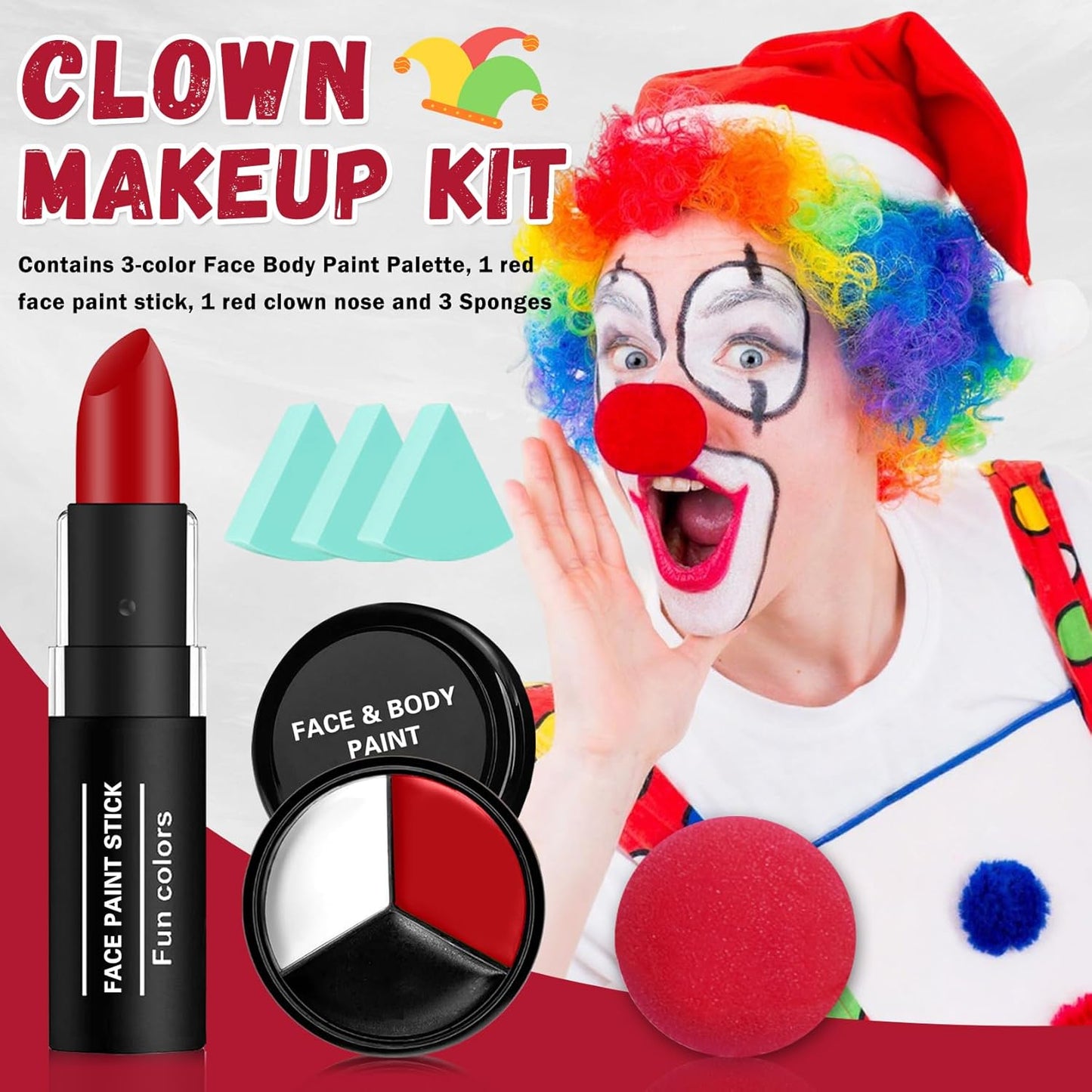CAHIUYOA Halloween Joker Clown Makeup Kit,Black White Red Face body Paint with Red Clown Nose,Lipstick,3PCS Green Powder Puff,Professional Halloween Stage Cosplay joker Sfx Makeup