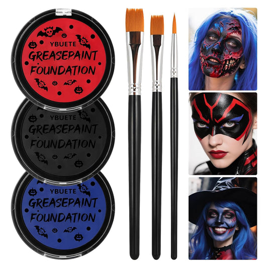 Red Black Blue Oil Based Face Paint Kit with Painting Brushes, Professional Full Coverage Greasepaint for Adults Halloween Cosplay SFX Clown Vampire Skull Makeup Party Theater Stage