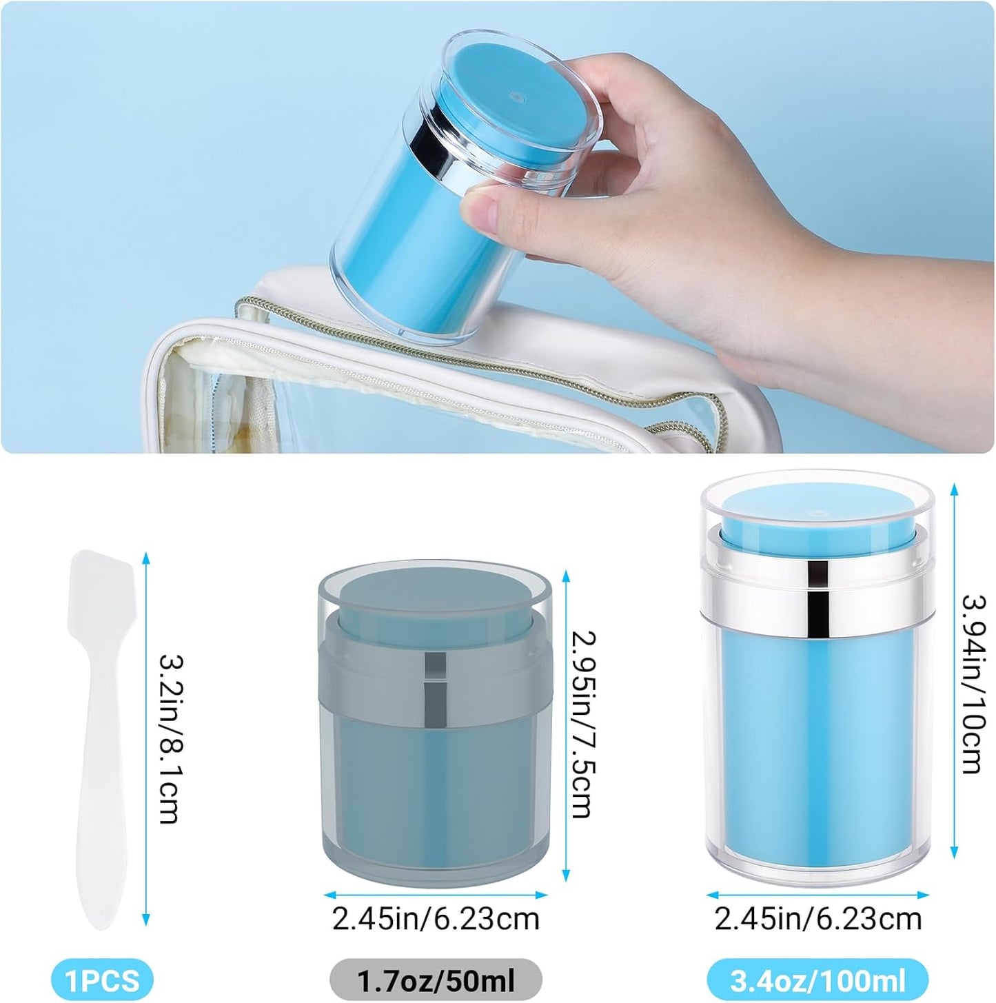 Segbeauty Airless Jar 3.4oz Travel Bottles for Toiletries, 3pcs Empty Plastic Travel Cream Jars with Lids, 100ml Blue Lotion Pump Bottles, Vacuum Skincare Cosmetic Containers Refillable Pump Dispenser