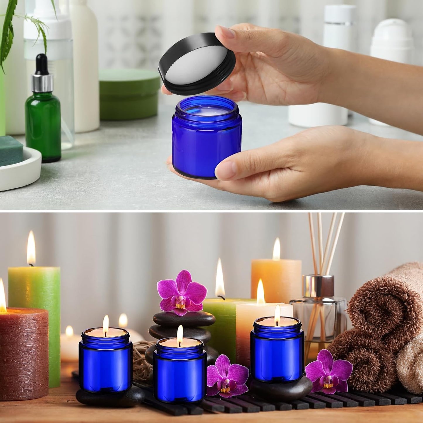 Norme 64 Pcs 4 oz Glass Jars with Lids Leakproof Round Airtight Empty Cosmetic Jars with Inner Liners Lid for Storing Lotions Powder Ointments Candle Making Tins (Blue,Black)