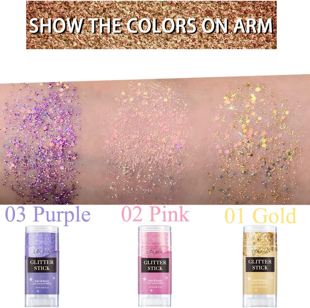 Purple Face Body Glitter Stick, Mardi Gras Outfit for Women and Kids,Sparkly Holographic Party Festival Rave Mardi Gras Accessories for Carnival, Chunky Holographic Face Glitter Makeup