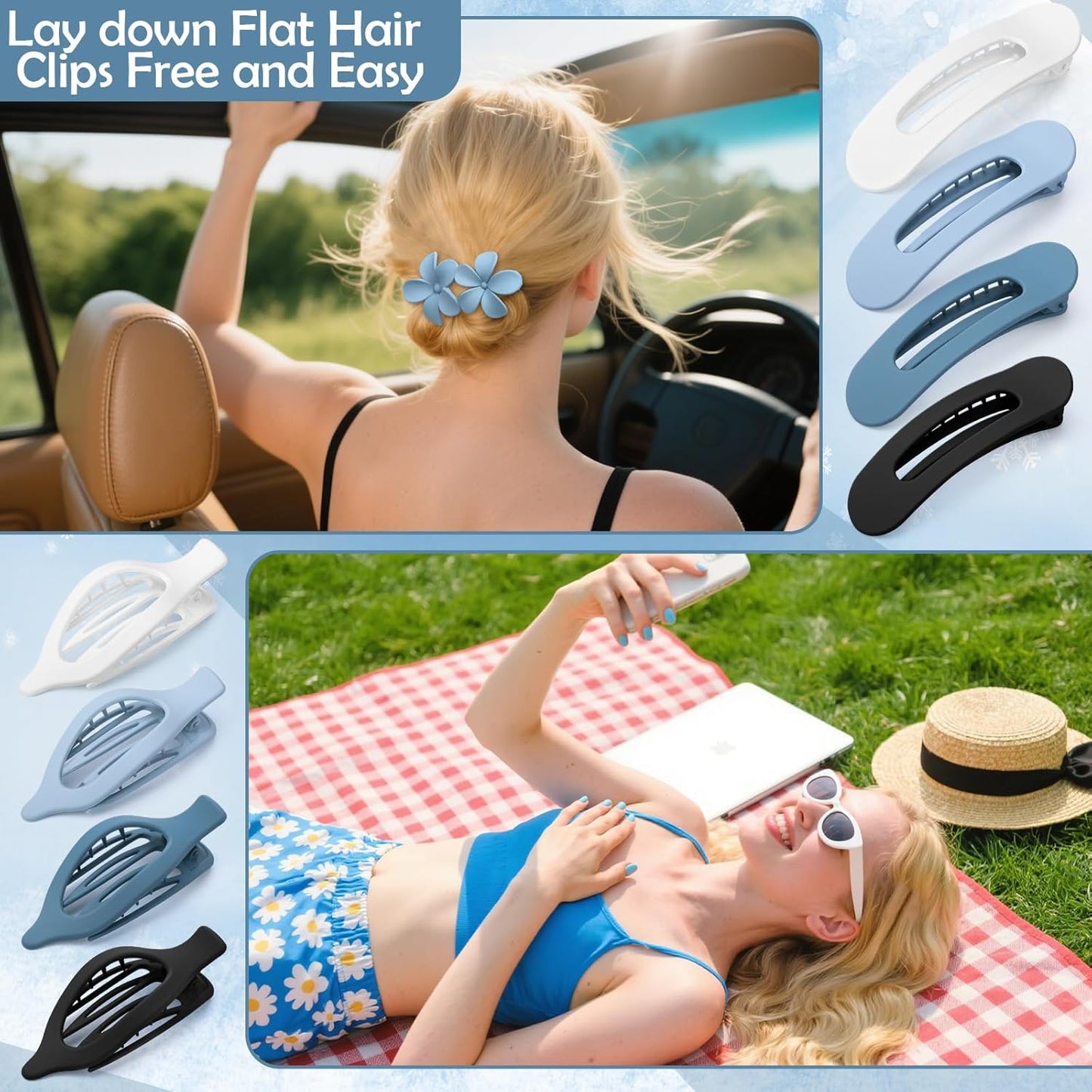 10 Pcs French Flat Hair Clips for Women, 3 Styles Blue Flat Claw Clips Strong Hold No Slip Matte Hair Claw Clips for Thin Thick Hair