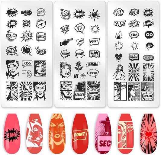 benikmake 3pcs Pop Art Nail Stamp Plate 58 Retro Popart Design Nail Printing Stainless Stencils Stamp Plates Kit for Nail Salon 6x12cm 2.36x4.7inch