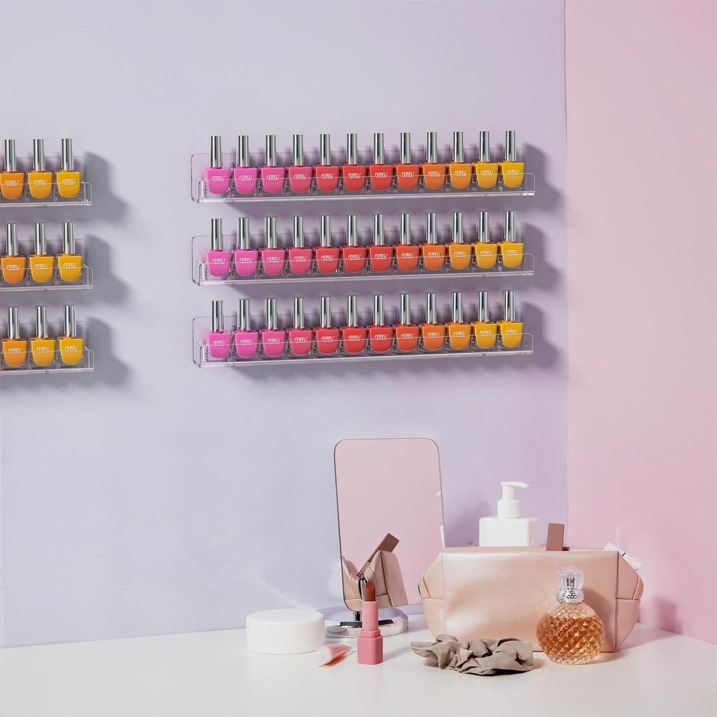 FEMELI Nail Polish Wall Rack: 6 Shelves 15 Inch Clear Acrylic Nail Polish Organizer for 66-90 Bottles Multi-Purpose Acrylic Floating Shelves (15 Inch, Clear)