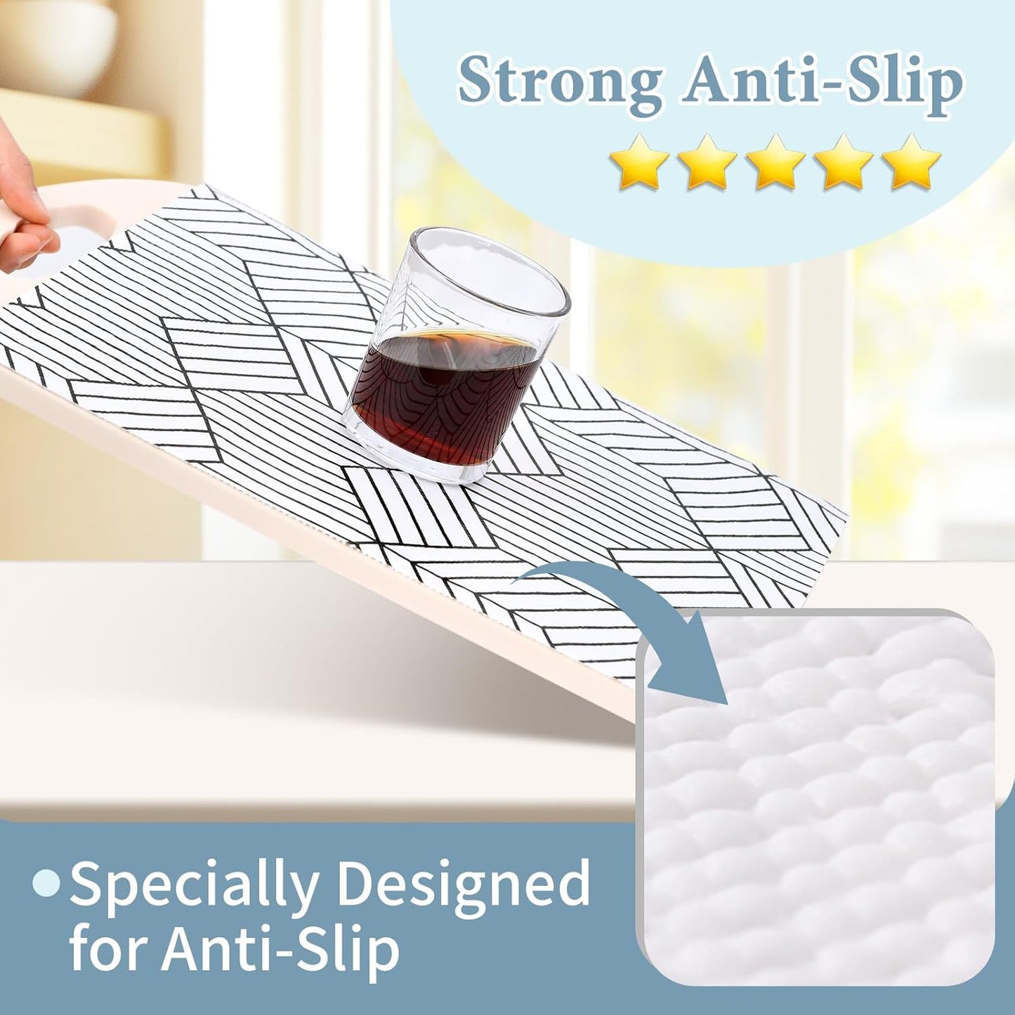 Shelf Liners for Kitchen Cabinets 12in x 30FT, Non Adhesive Cabinet Liner Strong Non-Slip Thickened Black White Geometric Drawer Liner, Easy to Clean for Shelf, Cabinet with Knife and Tape Measure