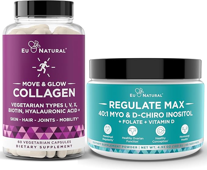 Move & Glow Collagen Pills and Regulate MAX Powder Bundle - Vegetarian Collagen Support for Skin, Joints + Myo-Inositol D-Chiro Inositol for Hormone Balance - 60 Capsules + 60 Servings Inositol Powder