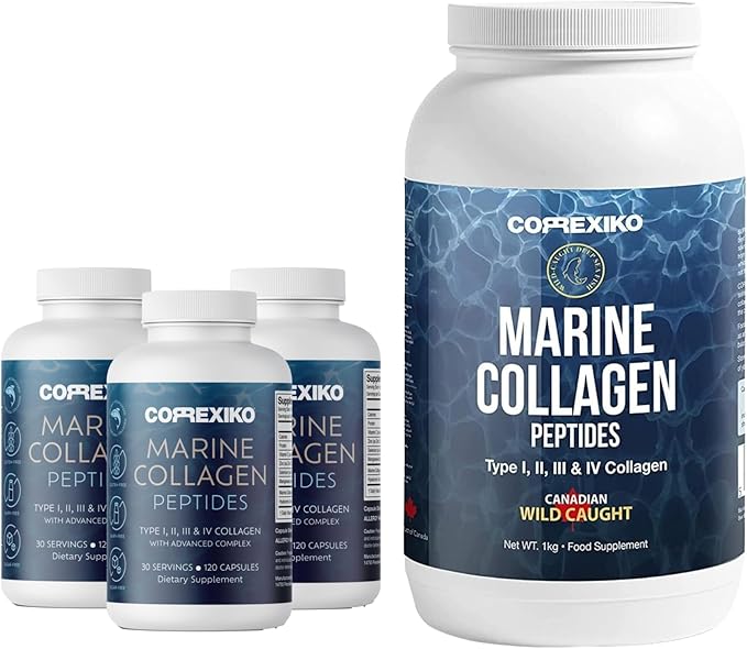 CORREXIKO Marine Collagen Supplement Pills & Powder Bundle 3 Month Supply - Includes 10,000mg Double Hydrolyzed Collagen Powder 1kg & 1800mg Collagen Peptides 360 Capsules - for Hair, Skin & Nails
