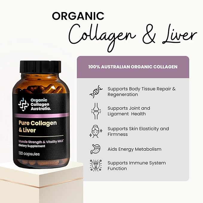 Organic Collagen Australia Pure Collagen & Liver Capsules – Muscle Strength & Vitality with Hydrolyzed Collagen, Grass-Fed Liver, and Vitamin B12 – 120 Capsules