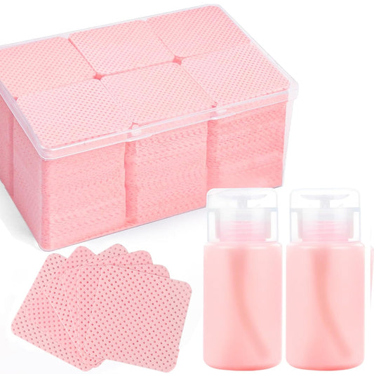 1080PCS Lint Free Nail Wipes with 2 Acetone Dispensers, Nail Polish Remover Wipes with Pump Dispenser,Lash Extensions Glue Cleaning Wipe Empty Pump Bottle Pump Wipes Nail Kit