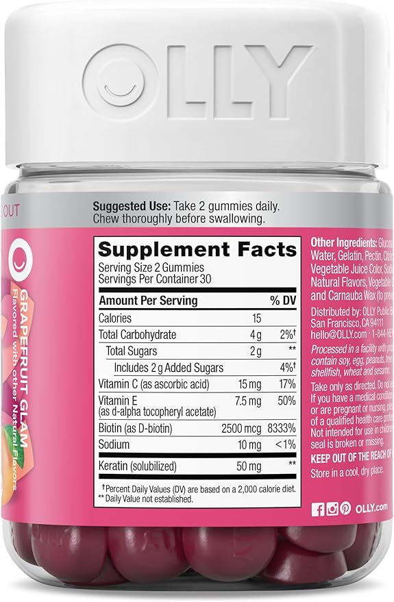 OLLY Undeniable Beauty Gummy, For Hair, Skin, Nails, Biotin, Vitamin C, Keratin, Chewable Supplement, Grapefruit, 30 Day Supply - 60 Count
