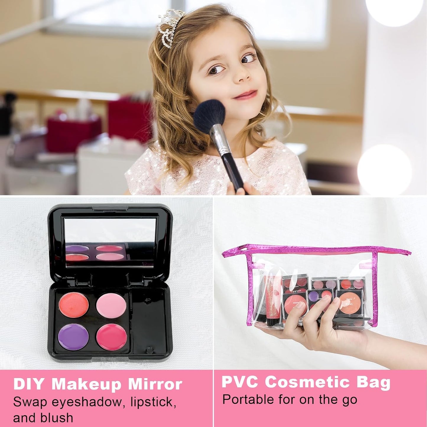 Anpro All-In-One Makeup Carry Case with Pro Teen Makeup Set, Full Starter Cosmetics Kit with Makeup Brushes, Lipsticks, Eye Shadows Palette, Blushes, Glitter Gel-Pink Leopard