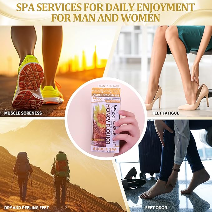 Pedicure Kit Foot Soak Set: Bubble Salt, Sugar Scrub, Massage Mask, Massage Lotion in a Box, 4 Step Foot Spa Kit for Dry Feet, Tired Feet（3 Set Honey flower)
