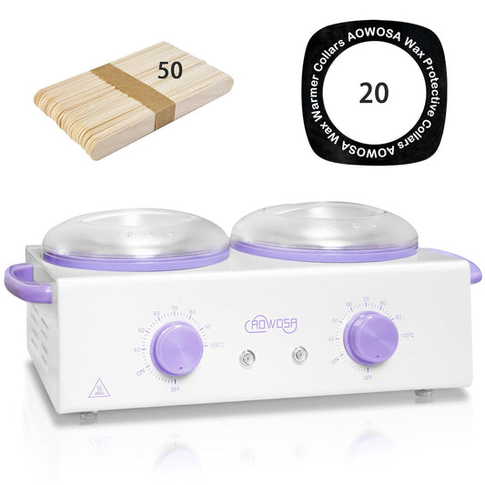 Professional Waxing Kit Wax Warmer Double Pot Wax Heater Machine for Hair Removal, Large Waxing Pot for Spa Salon Beauty Esthetician Home, with Non-Stick Easy Clean Pot, 50 Sticks & 20 Collar, White