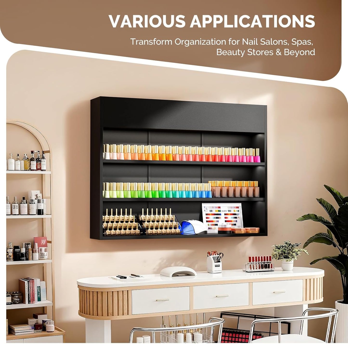 OmySalon Wall Mounted Display Rack, 47.6-Inch 3-Tier LED Nail Polish Organizer Shelf with USB Touch Control, for Nail Salon, Spa, Beauty Studio Storage, Wooden Retail Display (Black)