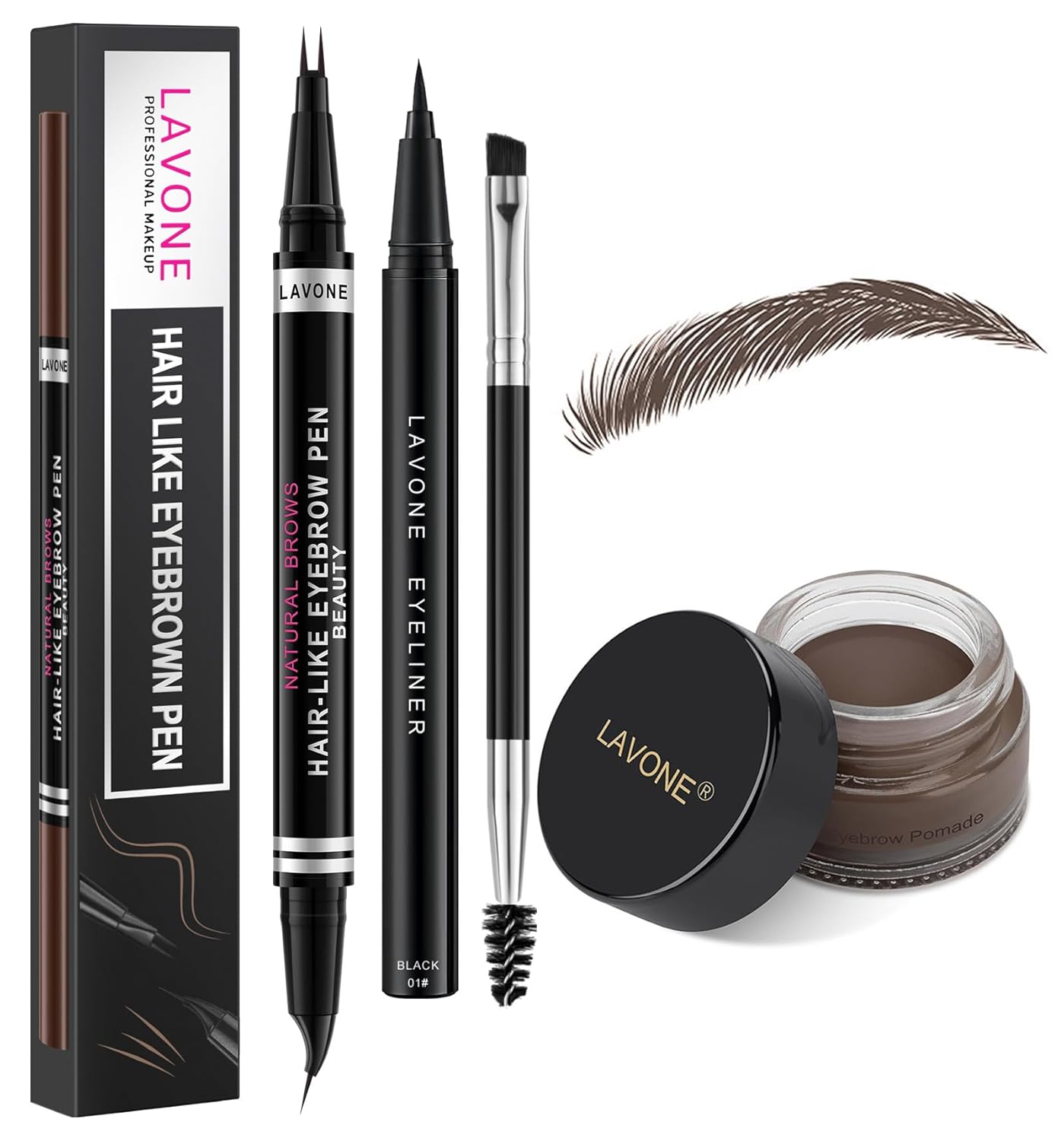 LAVONE Hair-Like Eyebrow Pen Makeup kit, Eyebrow Pencils for Women with Waterproof Microblading Eyebrow Pencil, Eyebrow Pomade, Eyeliner and Eyebrow Brush, Create Full, Natural Brows, Black Brown