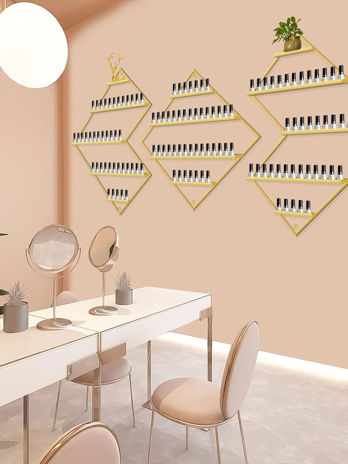 EBANKU Metal Wall Mounted Nail Polish Storage Racks, Gold Display Rack Cosmetic Display Case Lipstick Wall Shelf Essential Oil Organizer for Nail Polish Bottles Spa Nail Salon (Irregular Rhomboid)