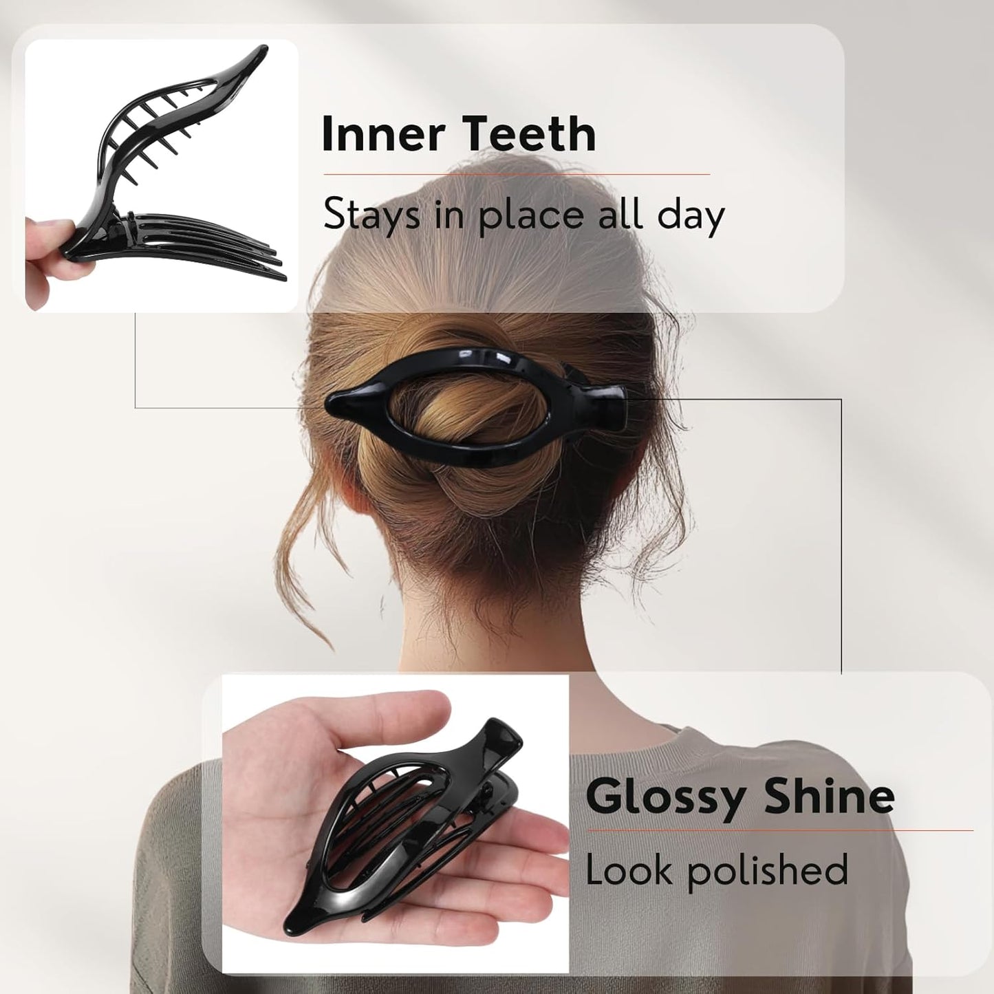 8 Pack Glossy Black Flat Hair Clips for Women – High-Shine Non-Slip Claw Clips, Strong Hold Minimalist Hair Accessories for Work, Travel, or Daily Styling