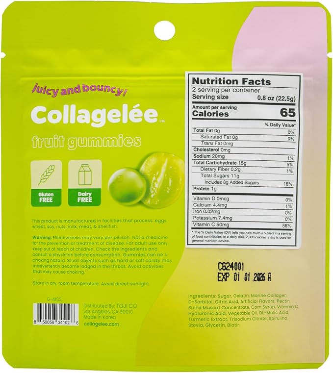 Collagelee Collagen Infused Gummies - Marine Collagen Supplements with Vitamin C, Hyaluronic Acid, & Biotin - Korean Collagen Supplements (2 Shine Muscat Grape & 2 Strawberry)