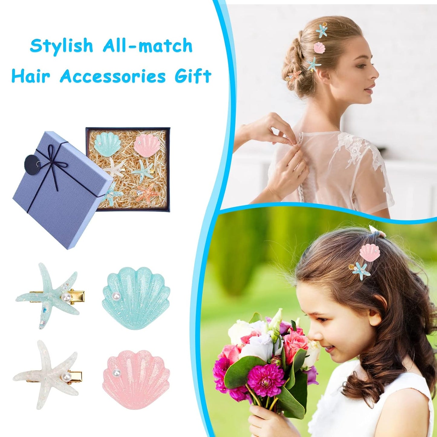 12 Pieces Shell Pearl Starfish Hair Clip Set, Catcan Seashell Hair Clips Starfish Alligator Clips for Women Headwear Styling Tools Accessories (classic style)