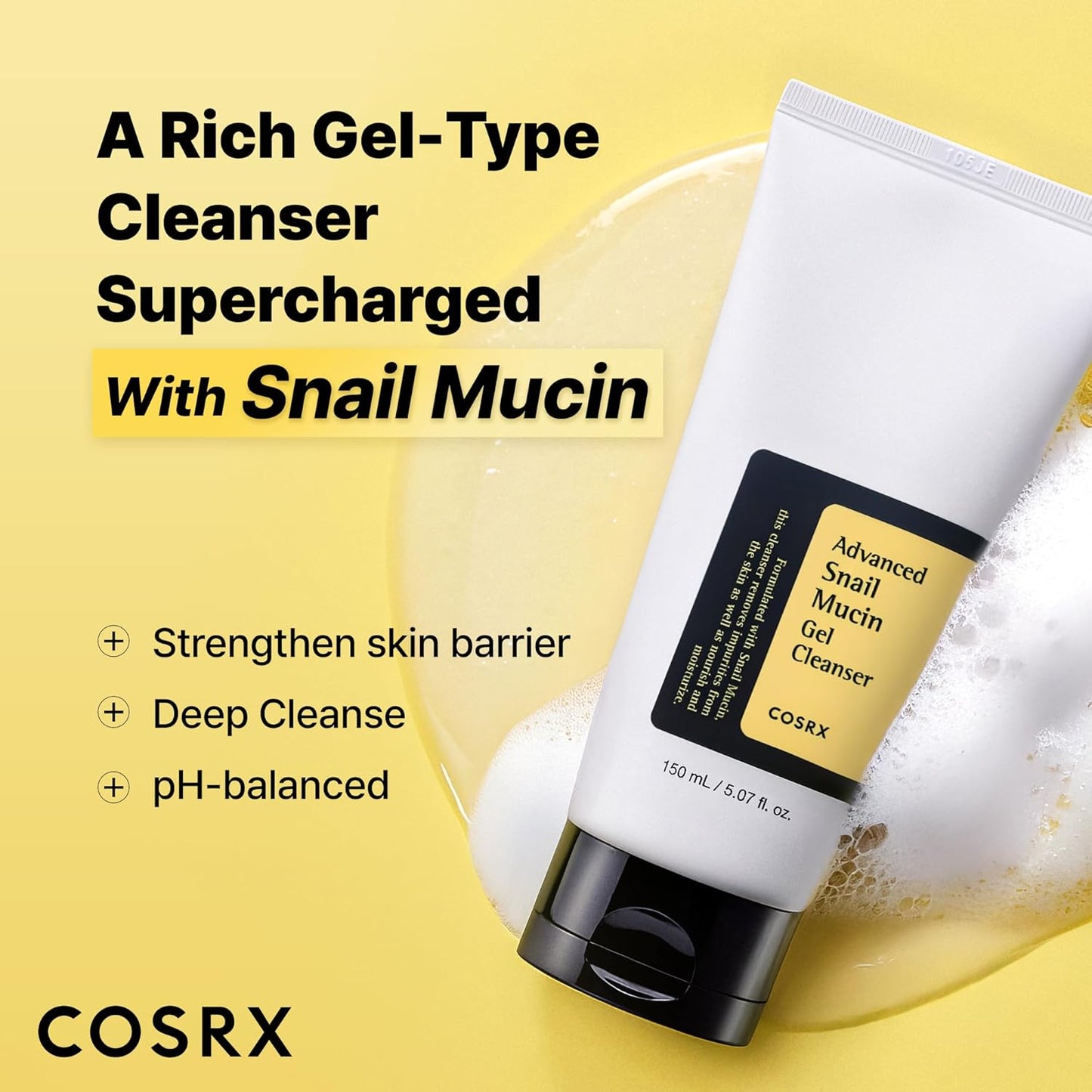 COSRX Advanced Snail Mucin Gel Cleanser, 5.07 Fl Oz / 150 mL, Rich Daily Deep Cleansing Gel for Dry & Sensitive Skin, Korean Skin Care, Not Tested on Animals, No Parabens