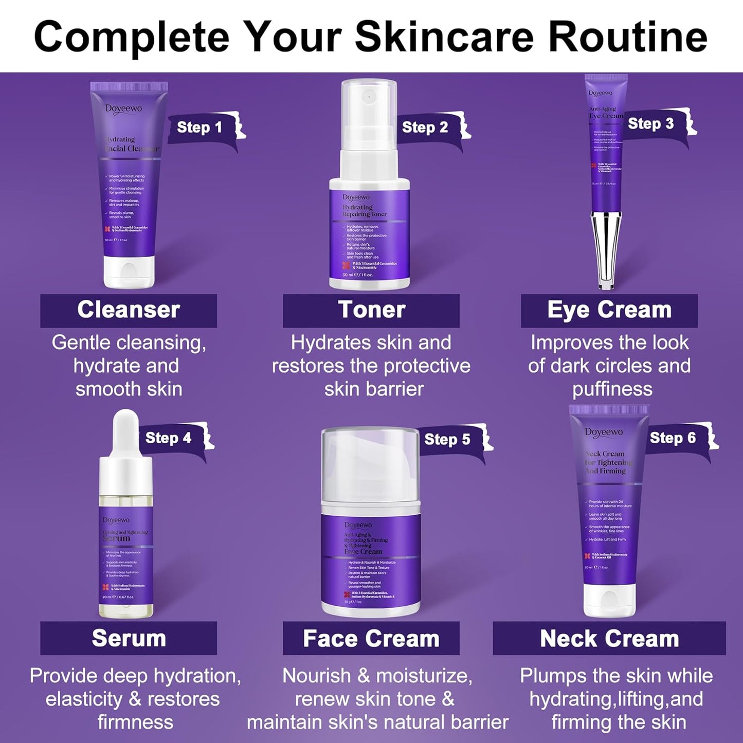 Skin Care Set,6Pcs Professional Womens Teens Tighten Lift Firm Skincare,Hydrate Anti-Aging Facial Routine Kit Travel Gift Set,Birthday Christmas Secret Santa Gifts for Women Teenage Girl Wife Mom