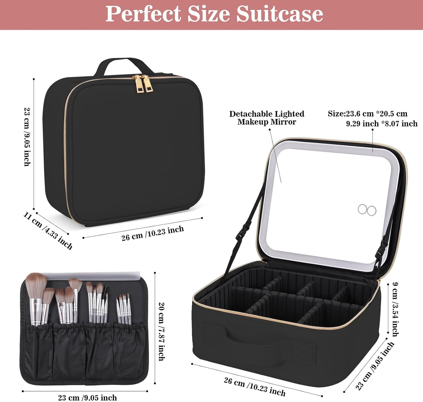 Makeup Case with LED Mirror,Makeup Organizer Bag Travel Makeup Case Large Makeup Bag With Rechargeable Mirror 3 Color Lights Detachable Mirror for Women Beauty Tools Accessories（Black）