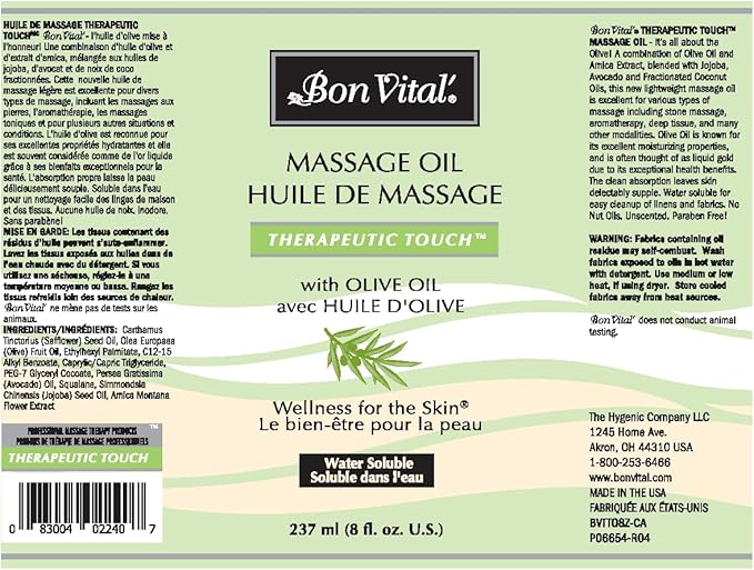 Bon Vital' Therapeutic Touch Massage Oil Made with Olive Oil to Repair Dry Skin & Soothe Sore Muscles, Lightweight Oil Perfect for Any Massage to Hydrate and Nourish Dry, Rough Skin, 8 Ounce Bottle
