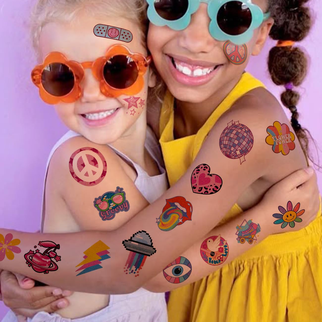 Glitter Groovy 70s Temporary Tattoos for Kids - 74 Individually Sheets Glitter Retro Flower Power, Smiley Decorations Tattoos Stickers for Boys Girls Party Supplies