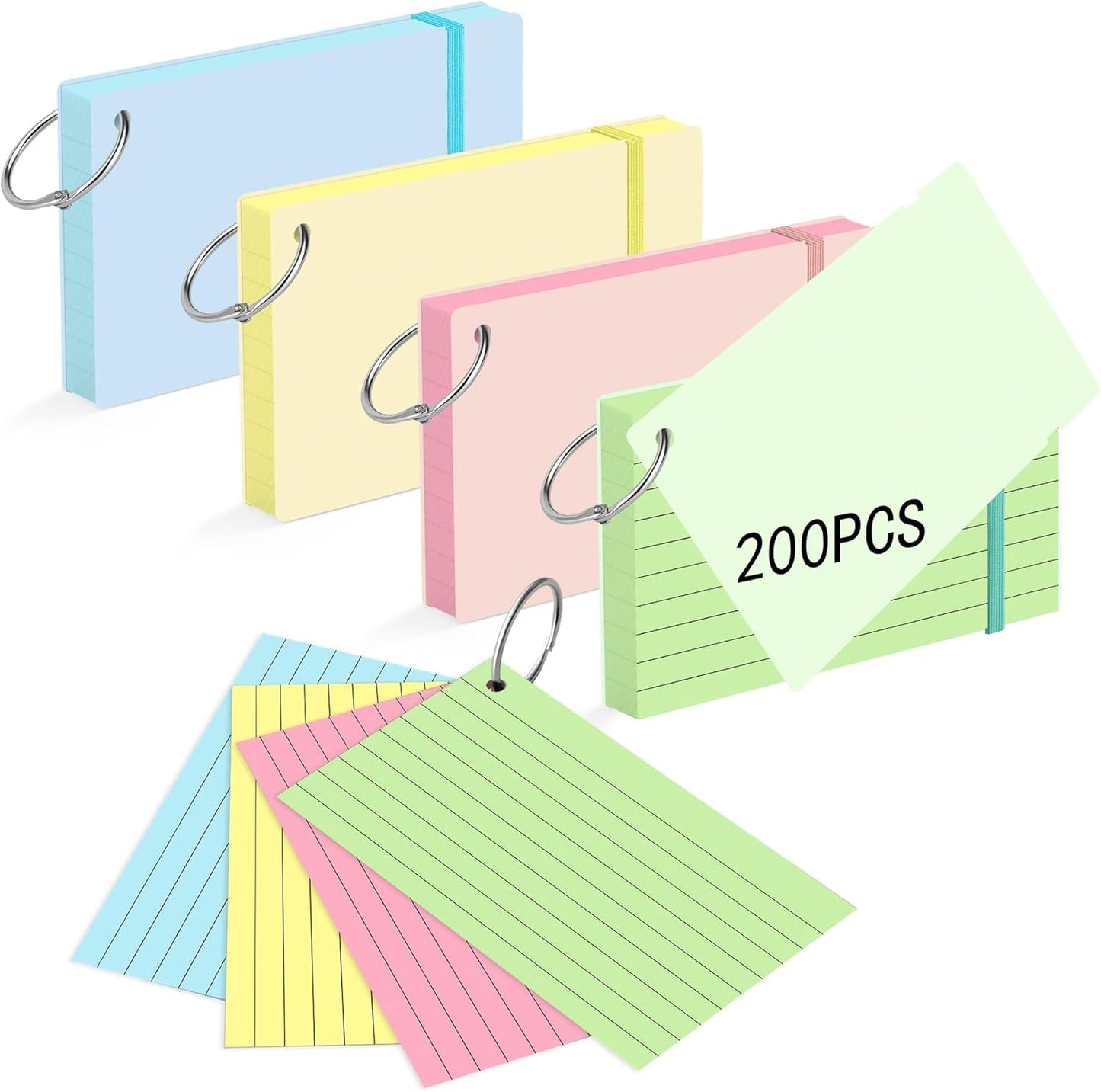 HAUTOCO Colored Index Cards 3x5 Inch 200 PCS Flash Cards with Ring Ruled Notecards with Waterproof Covers Flashcards for Studying Learning School College, 4 Colors