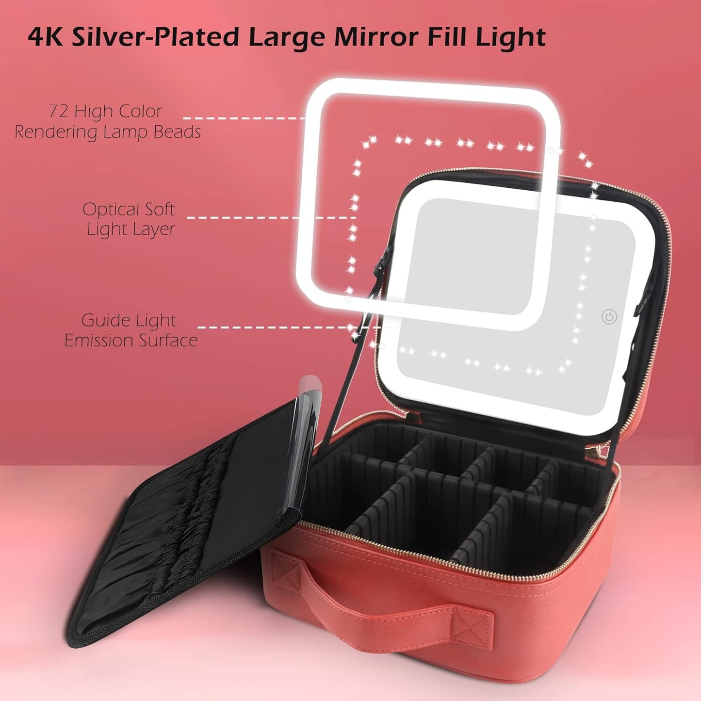 MOMIRA Travel Makeup Bag Cosmetic Bag Makeup Organizer Bag with Lighted Mirror, Adjustable Brightness in 3 Color Scenarios, Waterproof Makeup Train Case, Gift for Women - Red