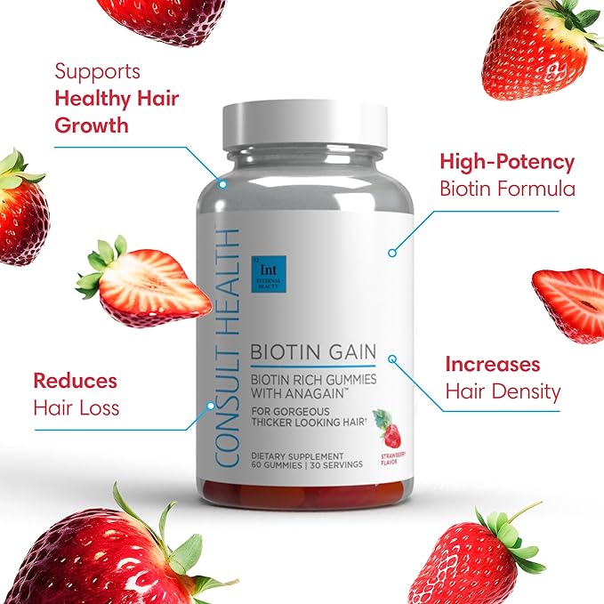Consult Health BIOTIN GAIN Gummies with ANAGAIN - Reduce Hair Loss - Clinically Tested - 10,000 mcg Biotin Vitamin B7 to Support Healthy Hair Growth, Skin and Nails for Women and Men - 60 Count