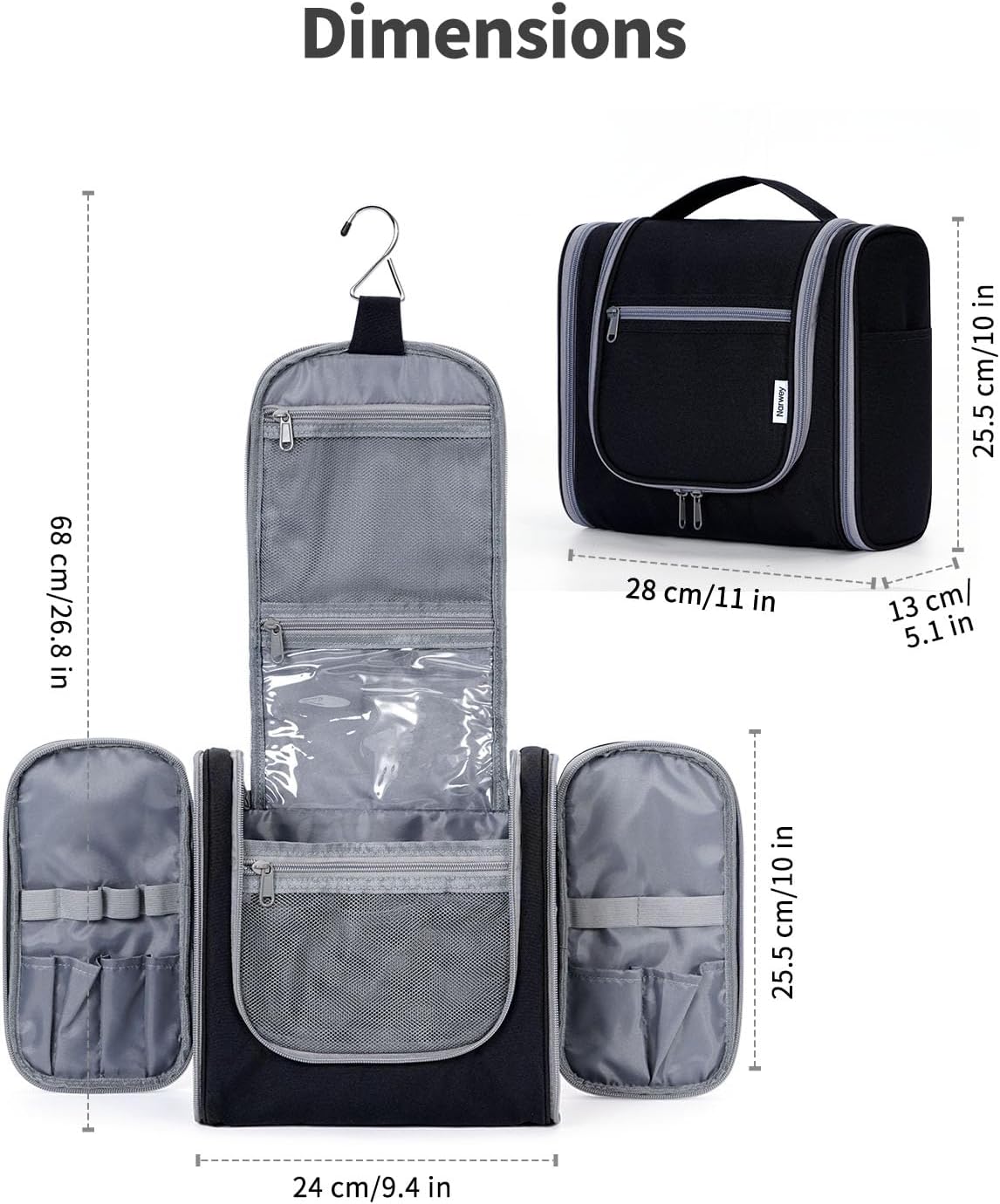 Narwey Hanging Toiletry Bag for Women Travel Makeup Bag Organizer Toiletries Bag for Cosmetics Essentials Accessories (Large, Black)