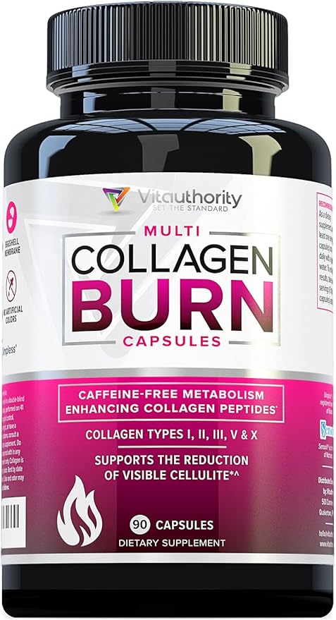 Multi Collagen Burn: Multi-Type Hydrolyzed Protein Peptides with Hyaluronic Acid, Vitamin C, SOD B Dimpless, Types I, II, III, V and X, Caffeine-Free (Unflavored Capsules)