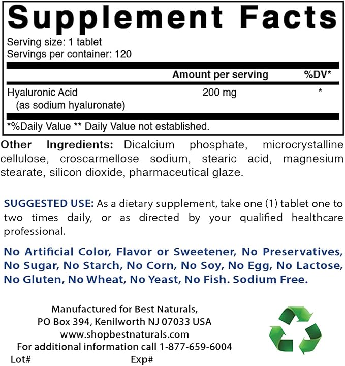 Best Naturals Hyaluronic Acid 200 mg 120 Tablets (Non-GMO, Gluten Free) - Promotes Youthful Healthy Skin & Healthy Joint Function (120 Count (Pack of 2))