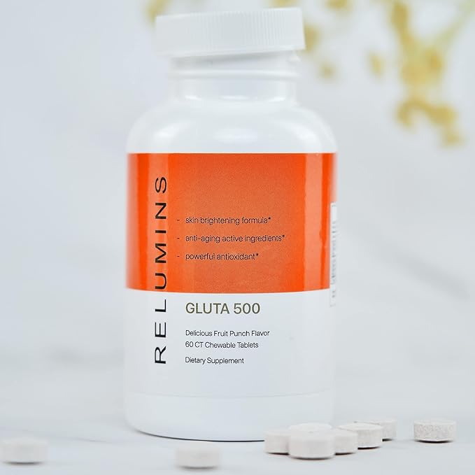 Relumins Gluta 500 - Chewable/Sublime Wall Glutathione Complex with Advanced Skin Nutrition - Hyaluronic Acid, VIT C, Biotin Plus 4 Powerful Actives - Fruit Punch Flavored - 60CT x 3 Bottles