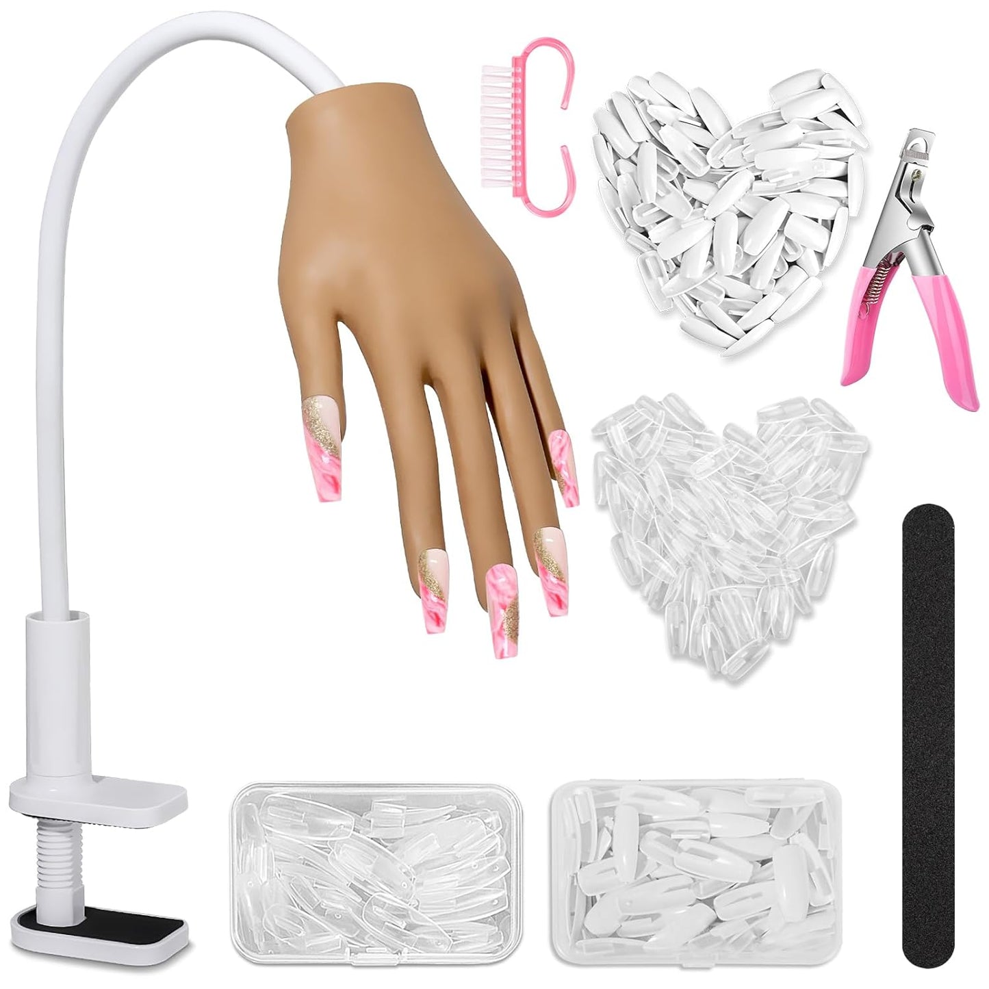 Practice Hand for Acrylic Nails, Flexible Movable Nail Practice Hands, 200PCS Nail Tips Never Fall Off Finger Never Break Nail Hand Practice, Silicone Acrylic Practice Hand Fake Hand for Nail Practice