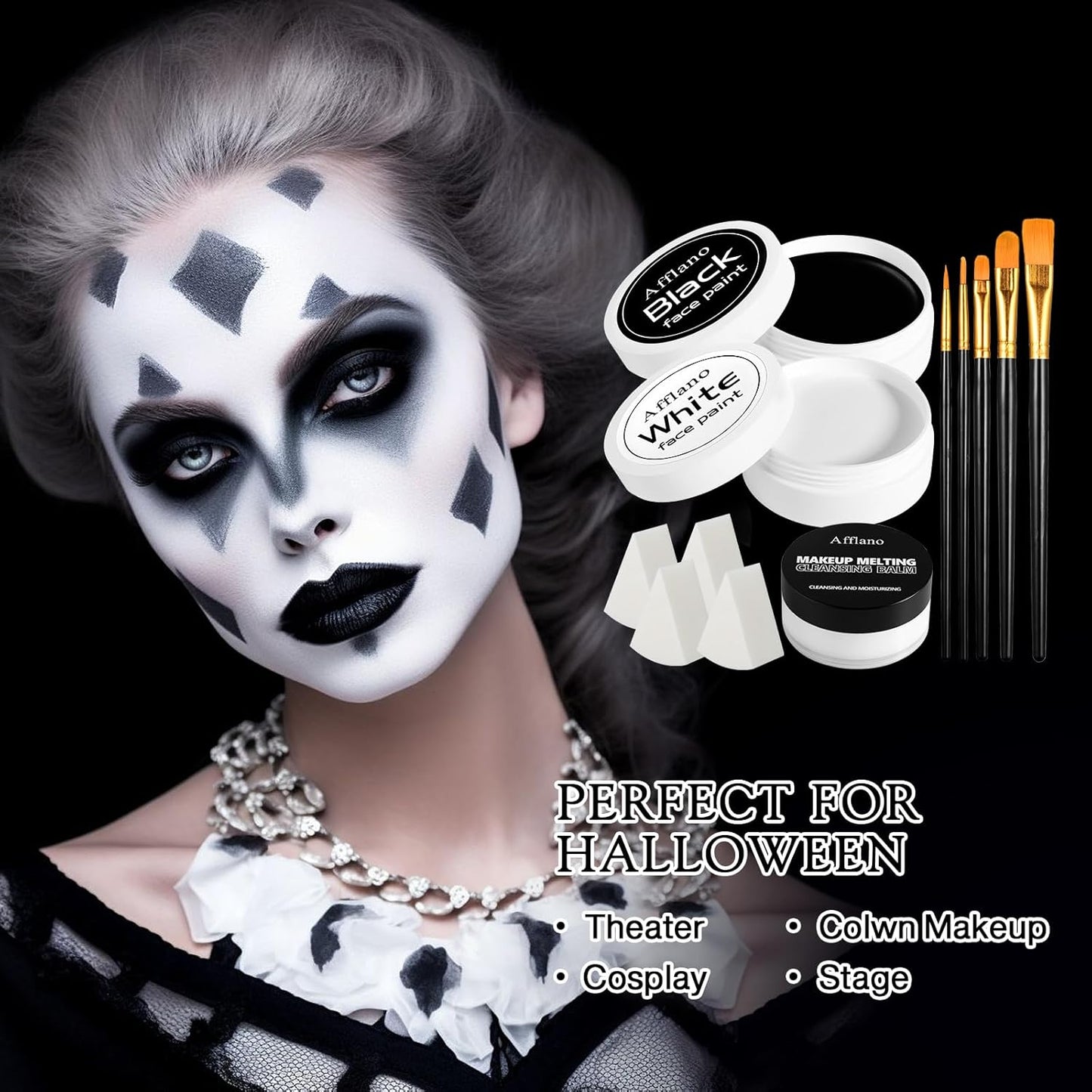 Black & White Face Paint Kit – Large 50g Oil-Based Grease Makeup Jars with Remover, 5 Brushes & 4 Sponges – Halloween, Cosplay & Stage SFX Makeup Set