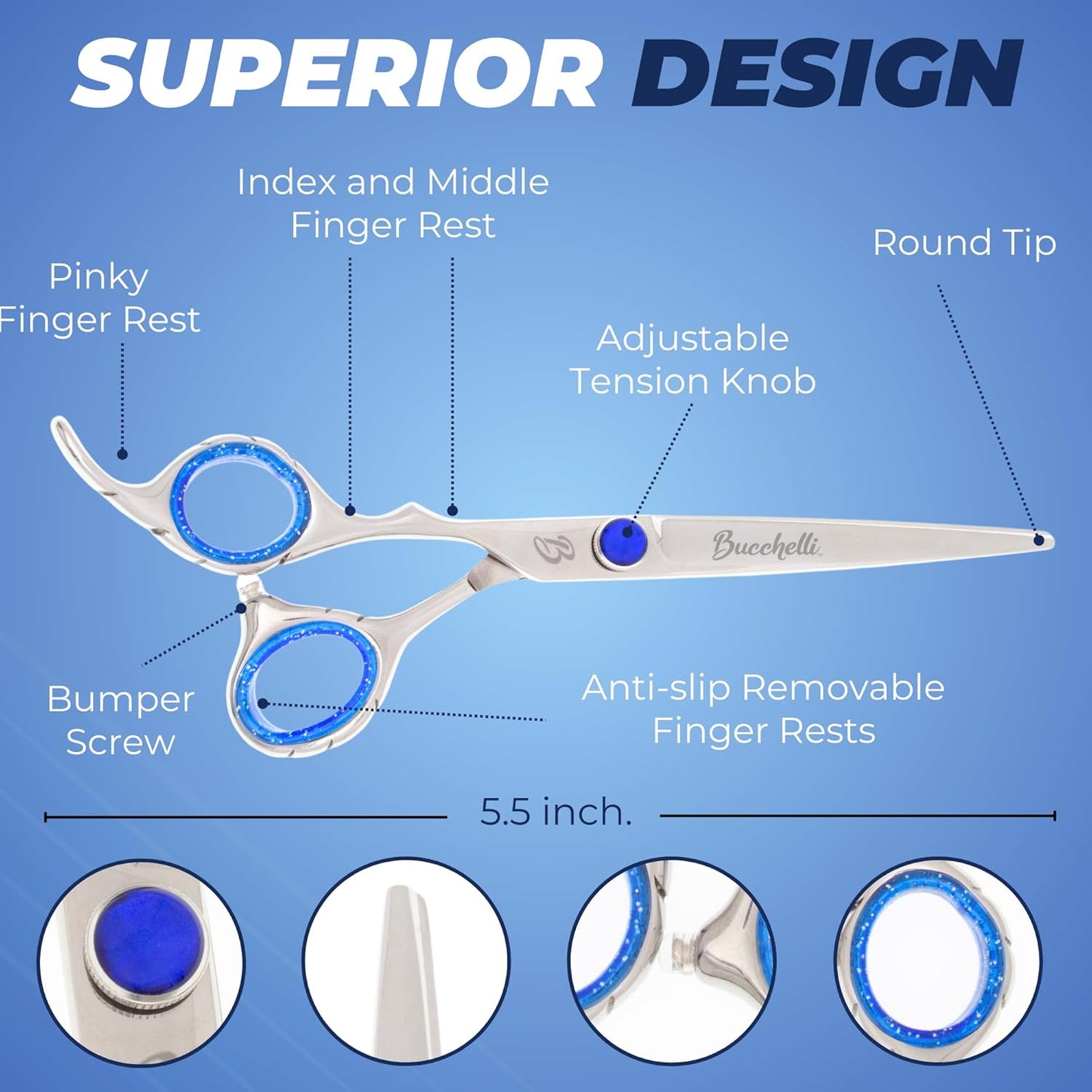 5.5 Inch Left Handed Hair Cutting Scissors Professional - Japanese 440A Inch Barber Scissors - Convex Blades with Adjustable Tension Knob (Silver Left 5.5")