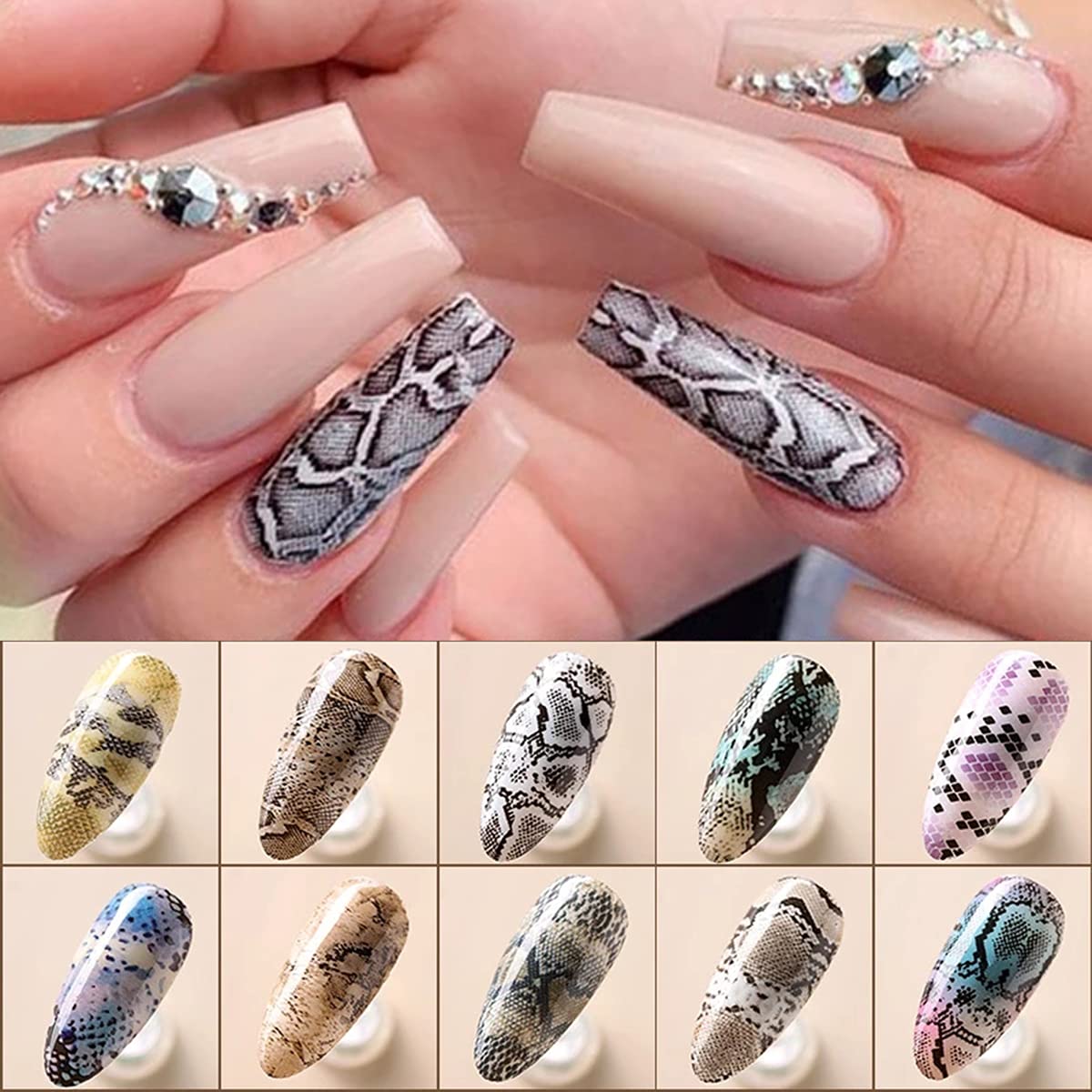 Snake Skin Nail Transfer Foil Sticker Art Supplies - Python & Starry Sky Designs, DIY Decals - Holographic Nail Foil Transfer (10 Pcs)